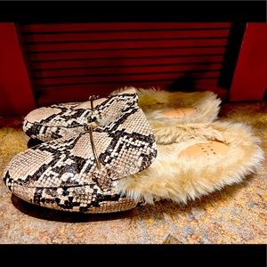 A New Day Tan Snakeskin Mules Fur Madden
